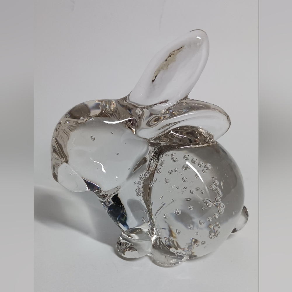 Vintage Clear Hand Blown Glass Rabbit Paperweight, Constructed Interior Bubbles